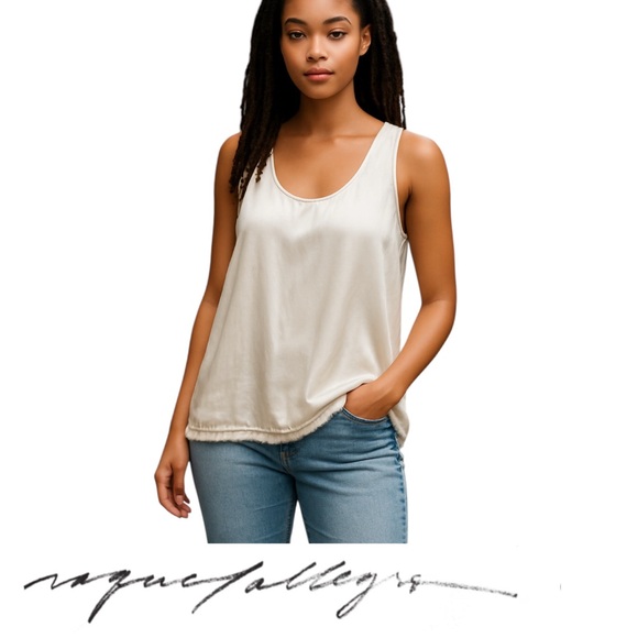 Raquel Allegra Cream Sleeveless Silky Tank Top Size Large Fringe Hem - Picture 1 of 17